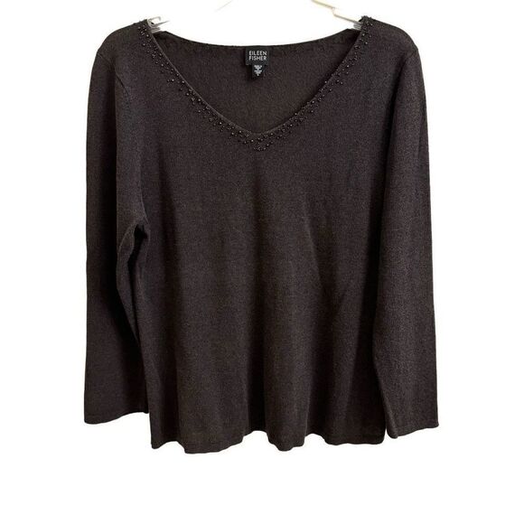 Eileen Fisher V-neck Blouse Top Beaded Neckline 3/4 Sleeves Charcoal Gray Large - Picture 1 of 5